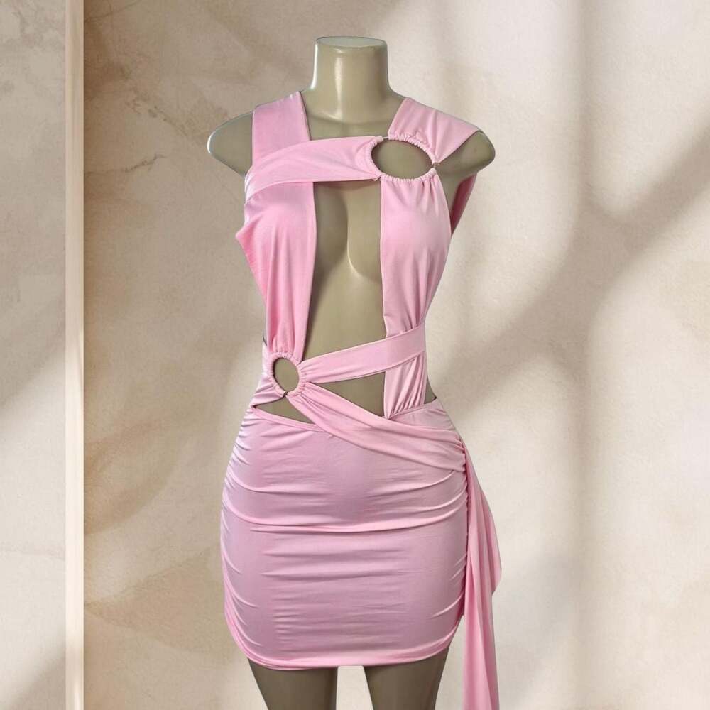 Pink Cutout Mini Dress – One Shoulder Bodycon w/ Ring Detail & Side Drape Sexy C